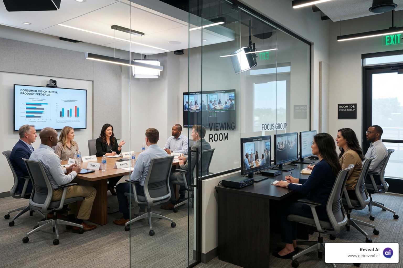 modern research viewing room with glass partition and conference table - market research companies near me