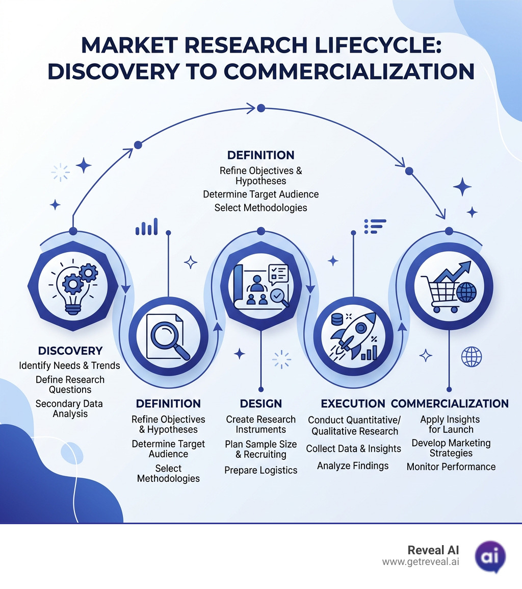 Market research lifecycle from discovery to commercialization stages infographic - market research companies near me