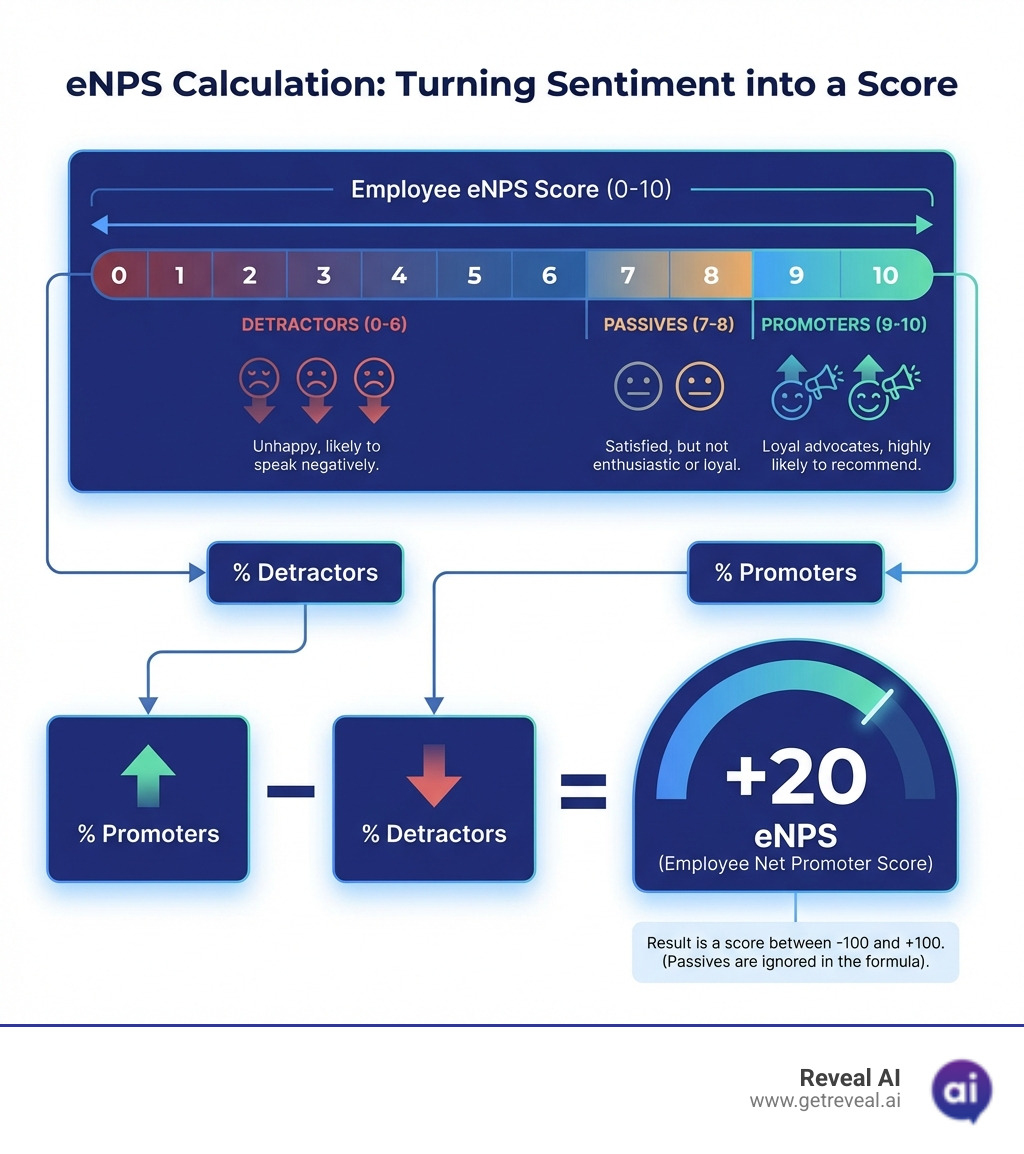 Infographic explaining the eNPS calculation, showing how employees are categorized into Promoters, Passives, and Detractors based on their 0-10 score, and the formula (% Promoters - % Detractors = eNPS). - enps survey tool infographic 