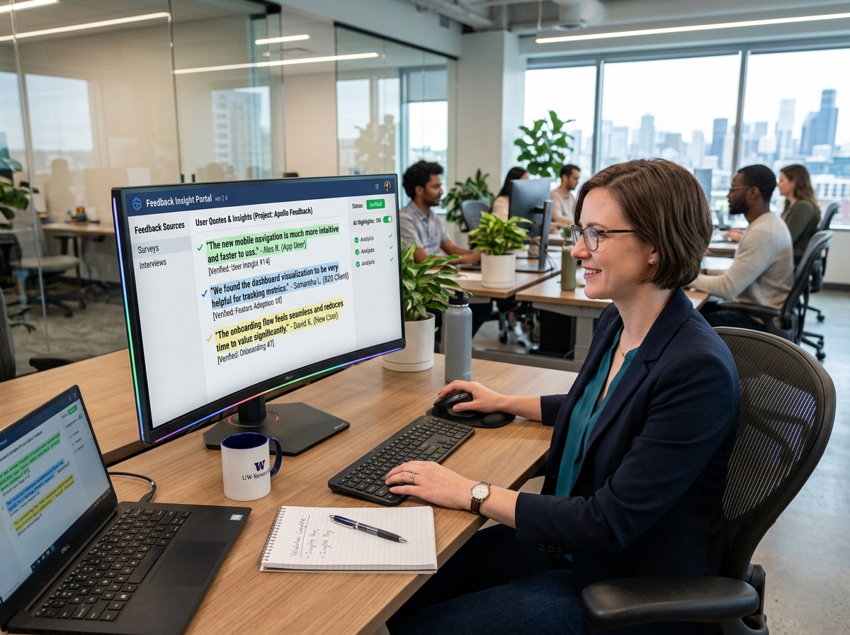 A researcher using an AI interface to verify direct user quotes and insights - product feedback platform A researcher using an AI interface to verify direct user quotes and insights - product feedback platform