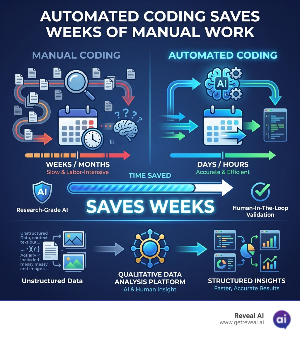 Automated coding can save weeks of manual work - Data analysis qualitative infographic Automated coding can save weeks of manual work - Data analysis qualitative infographic