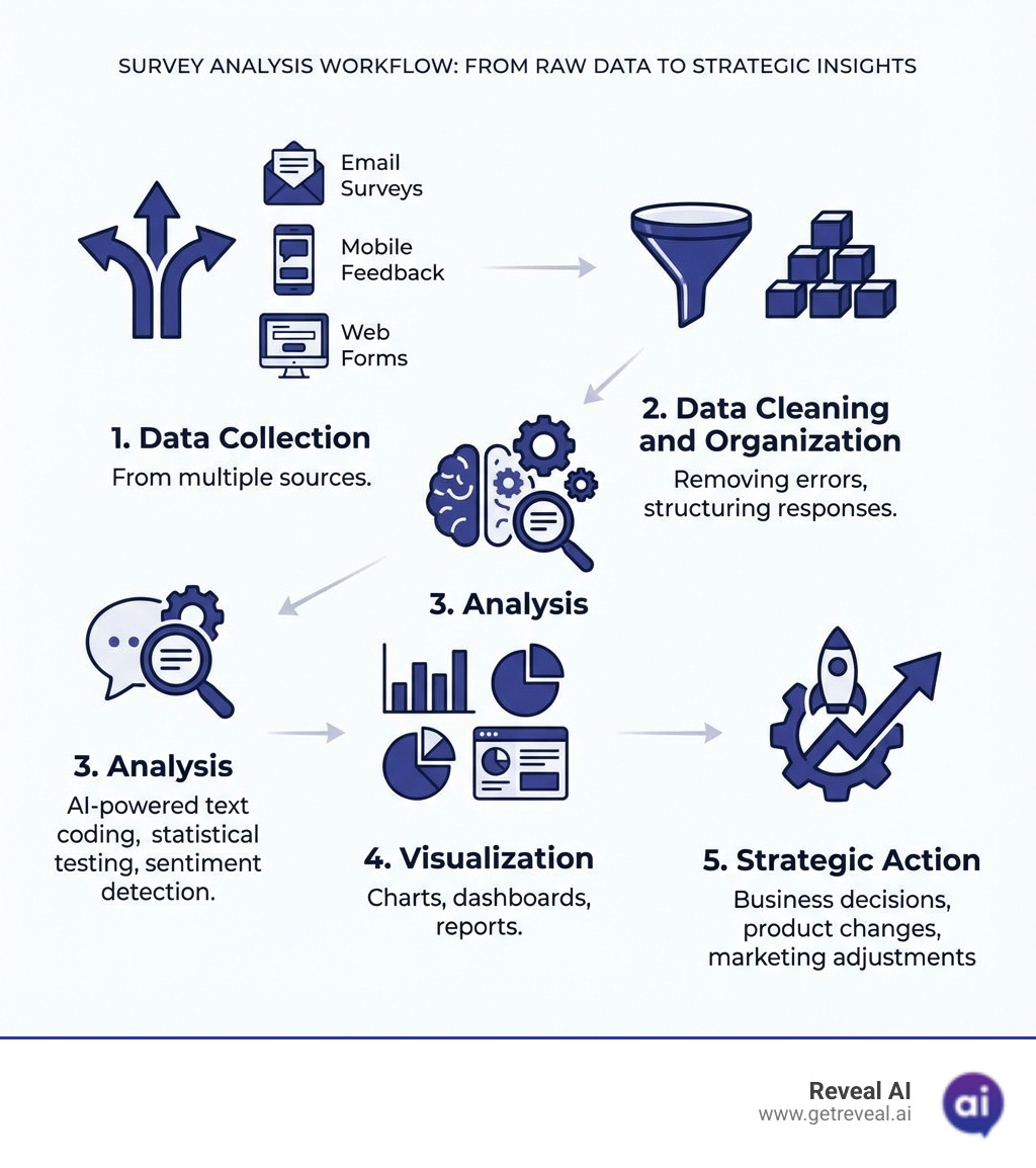 Infographic showing the survey analysis workflow: 1) Data Collection from multiple sources (email surveys, mobile feedback, web forms), 2) Data Cleaning and Organization (removing errors, structuring responses), 3) Analysis (AI-powered text coding, statistical testing, sentiment detection), 4) Visualization (charts, dashboards, reports), 5) Strategic Action (business decisions, product changes, marketing adjustments) - Survey analysis software infographic 