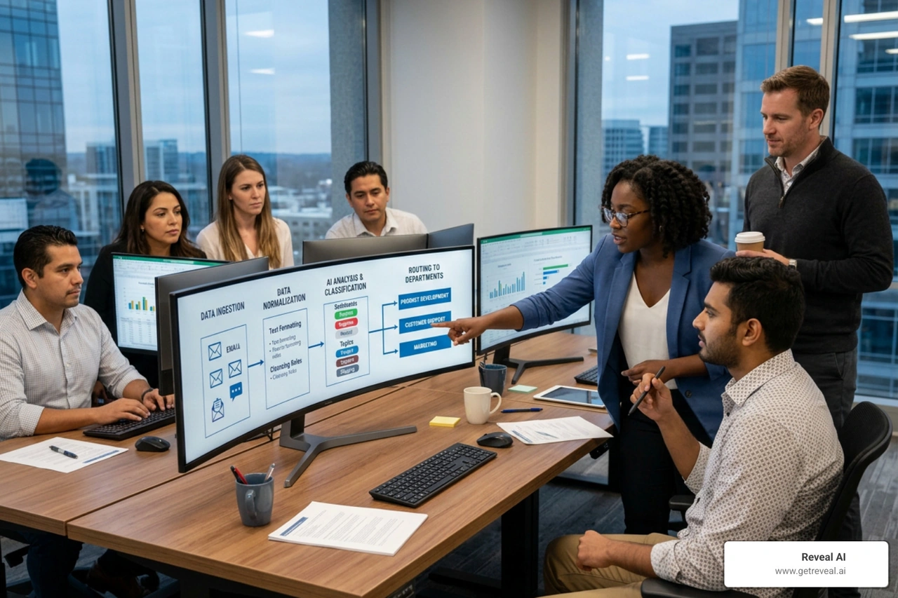 VoC analysis workflow showing data ingestion, normalization, AI-powered analysis, and cross-functional routing