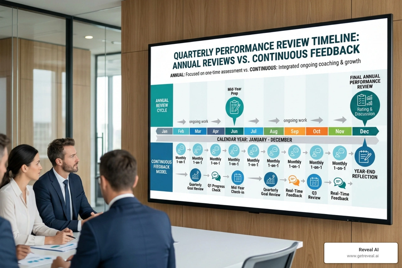 Quarterly performance review timeline comparing continuous feedback to annual reviews