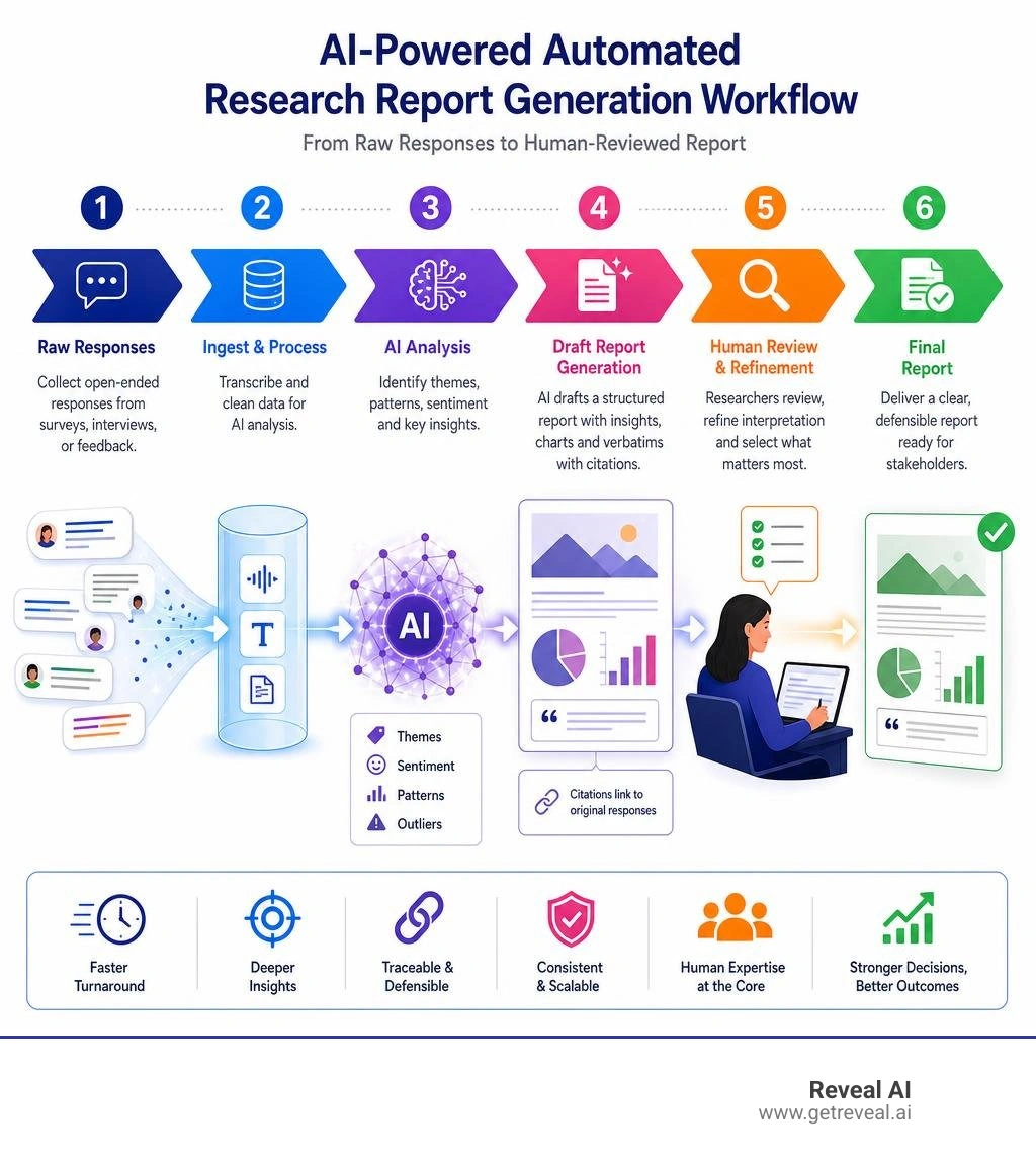 Infographic showing AI-powered automated research report generation workflow from raw responses to human-reviewed report
