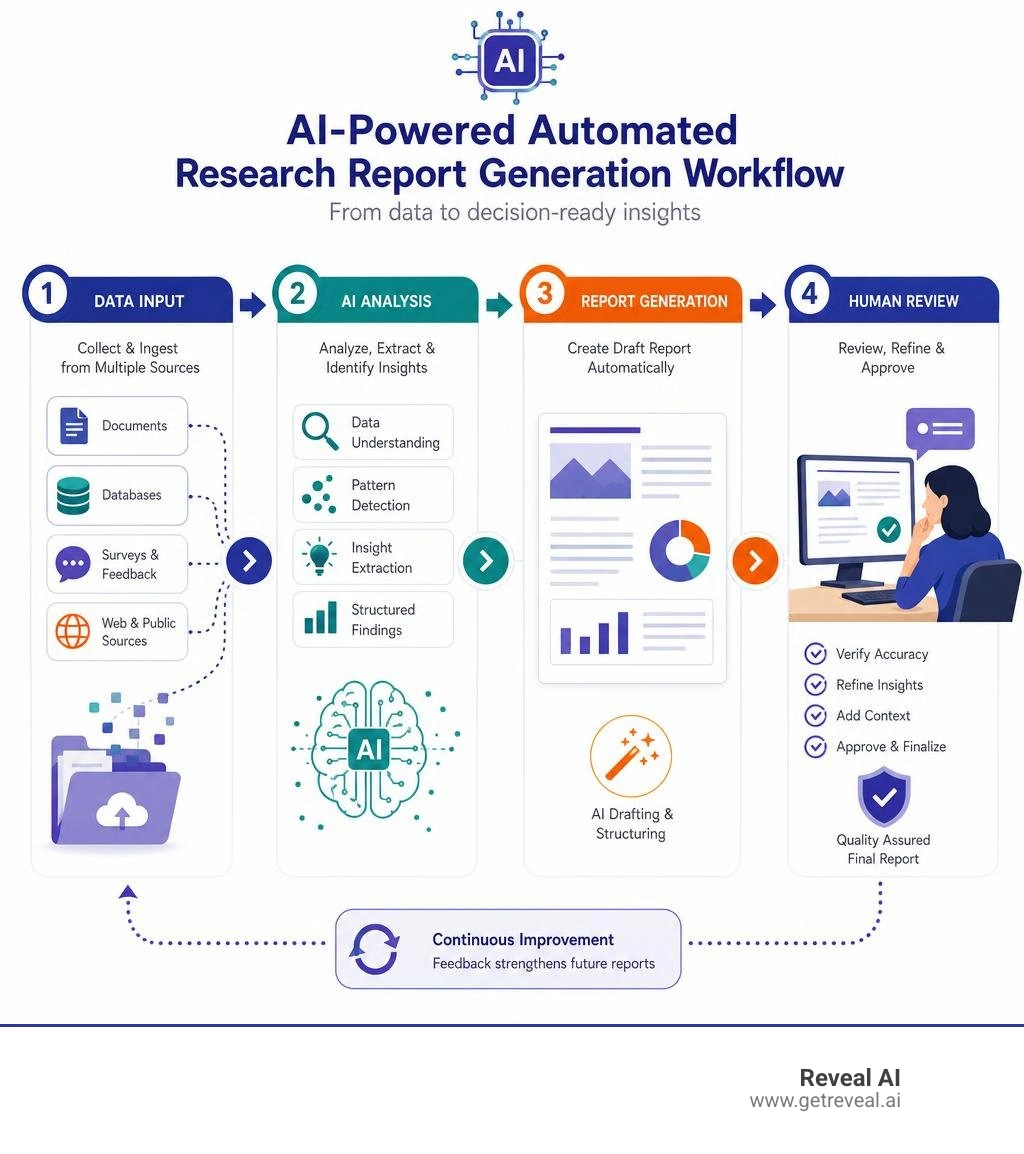 AI-powered automated research report generation workflow: data input to analysis to report output with human review