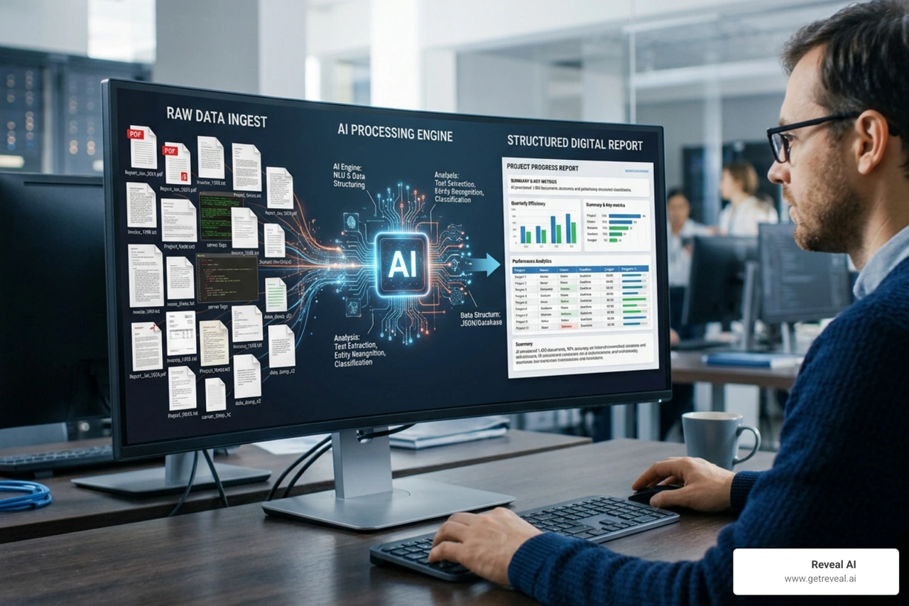 AI data ingestion pipeline converting raw unstructured data into structured report formats
