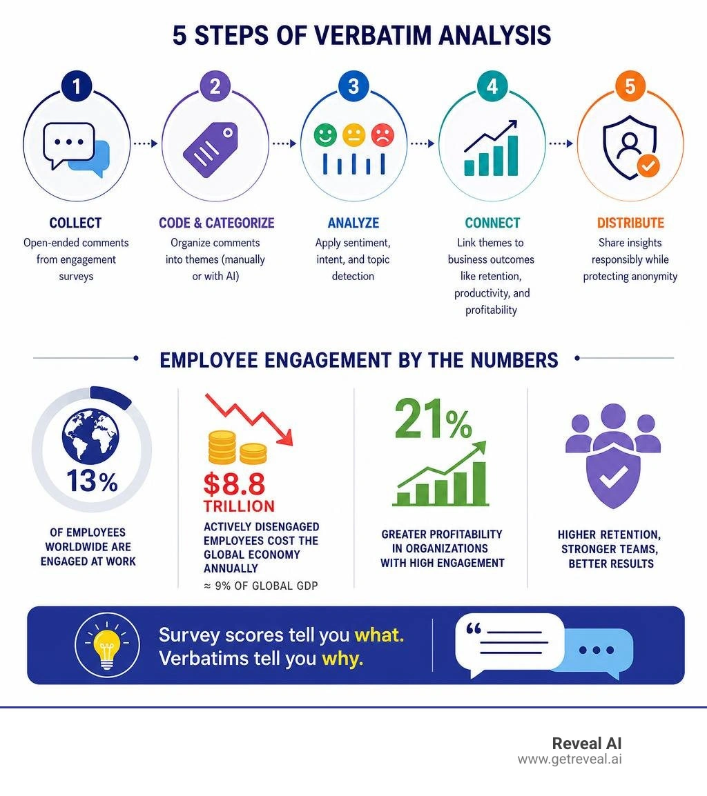Infographic showing 5 steps of verbatim analysis and key engagement stats like 13% global engagement rate infographic