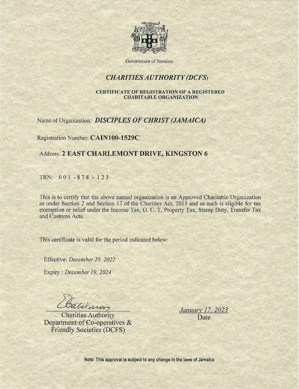 Certificate of Registration of a Registered Charitable Organization