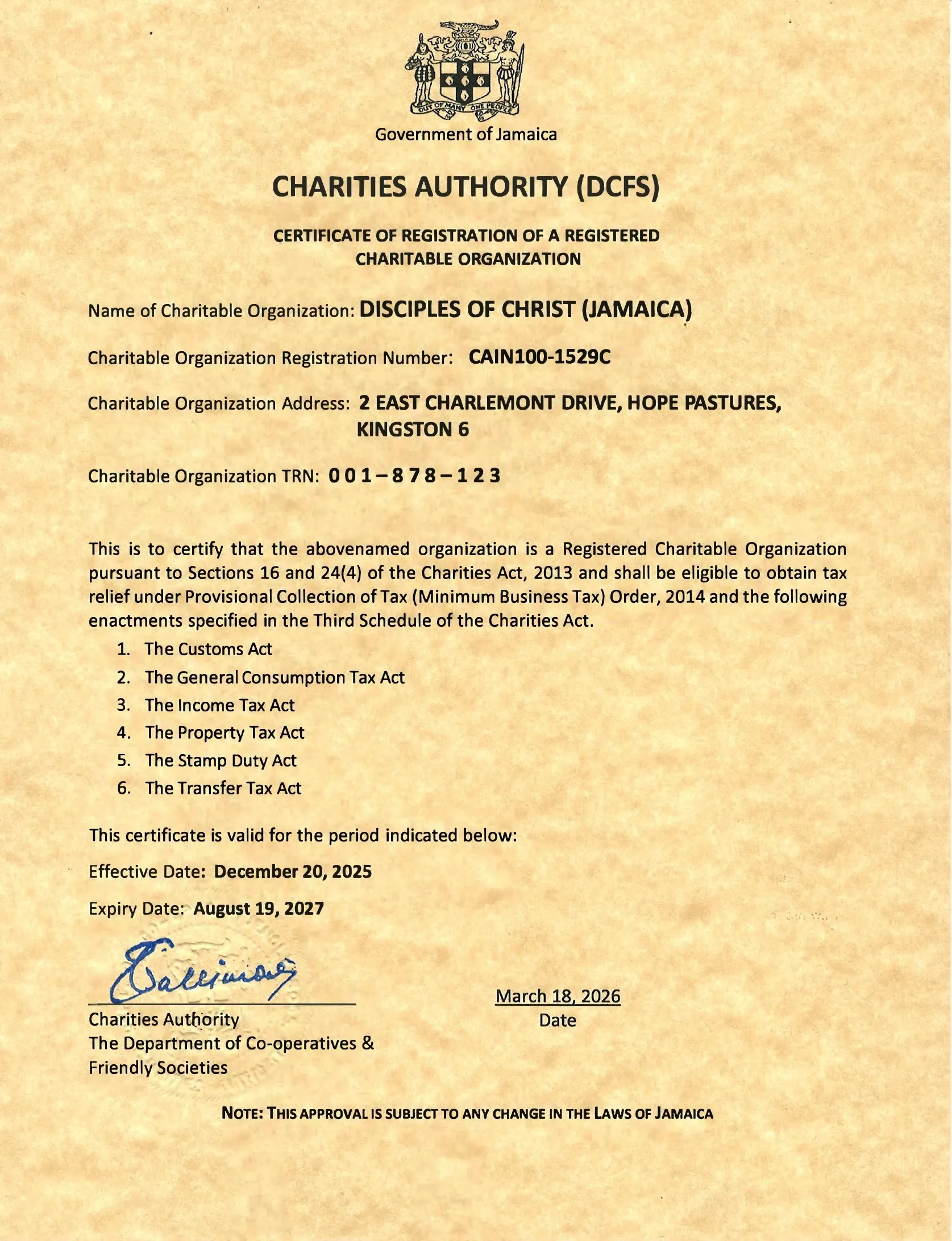Certificate of Registration of a Registered Charitable Organization 
