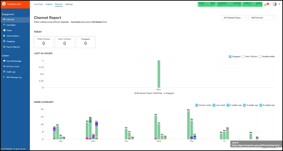 Screenshot of the Reports tab in the Botsplash platform