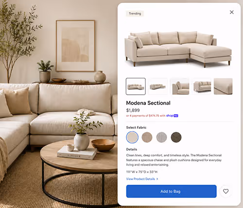 Beige Modena Sectional sofa with cushions in a cozy room with plants and a round wooden coffee table.