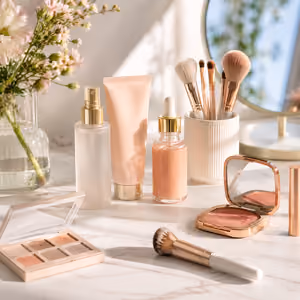 Assorted makeup products and brushes arranged neatly on a white surface with a mirror and flowers.