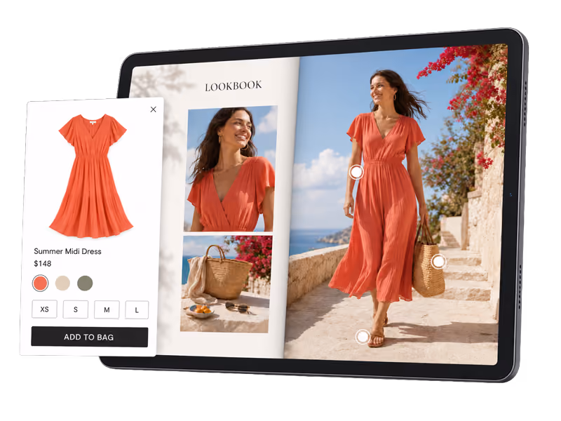 Tablet screen displaying a digital lookbook featuring a woman in a coral summer midi dress walking outdoors by a stone wall with flowers, holding a woven basket bag. The lookbook shows close-up images of the dress and accessories. An overlay panel on the left shows the dress details including price, color options, available sizes XS to L, and an Add to Bag button.