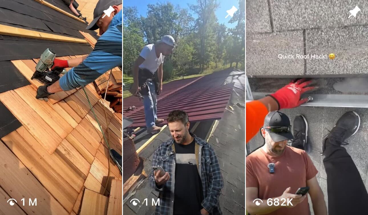 Three roofing reels with 1 million, 1 million and 682 thousand views