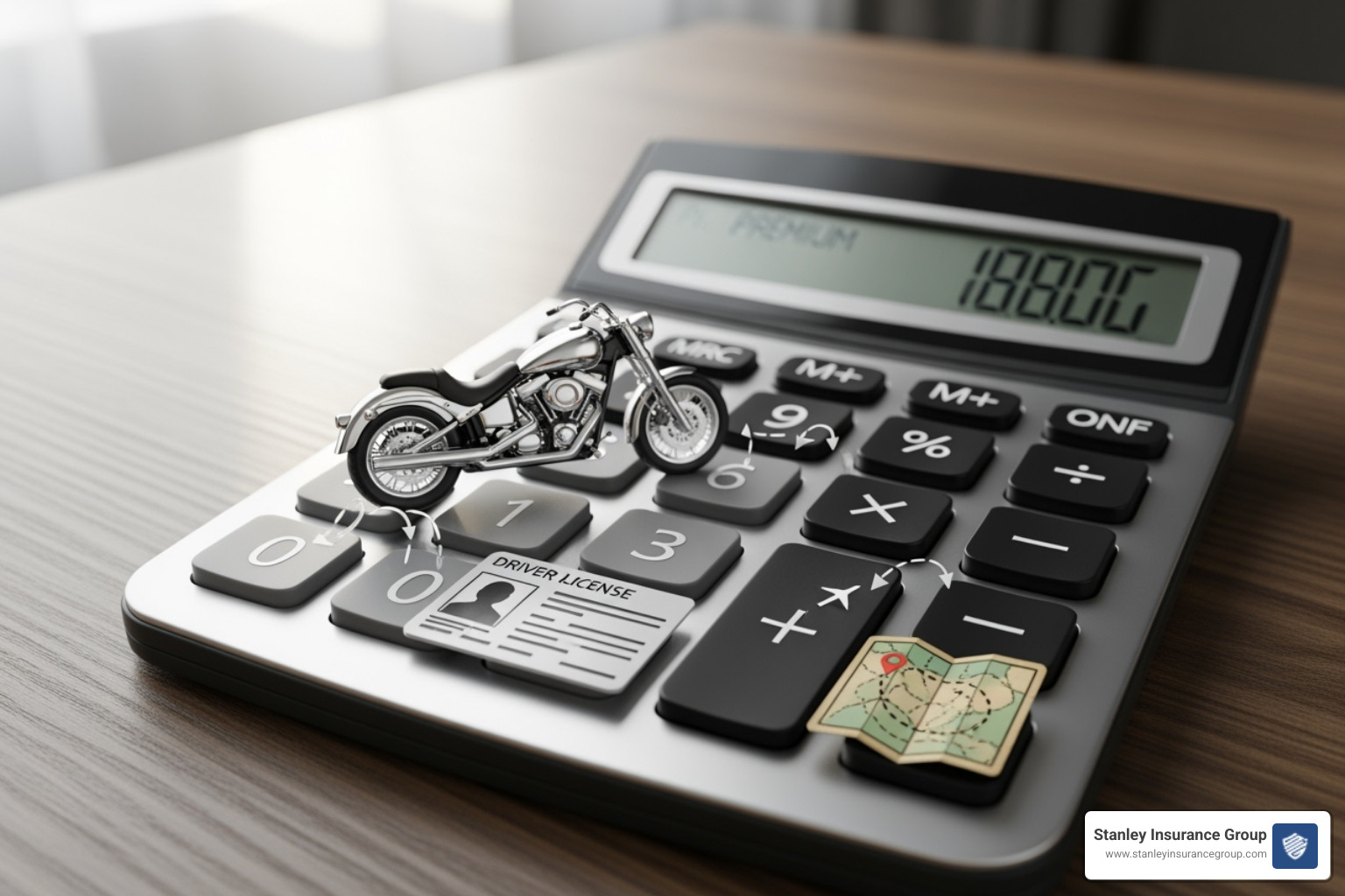 A calculator with icons for a motorcycle, a driver's license, and a map, symbolizing the factors influencing insurance premiums - motorcycle insurance coverage explained A calculator with icons for a motorcycle, a driver's license, and a map, symbolizing the factors influencing insurance premiums - motorcycle insurance coverage explained
