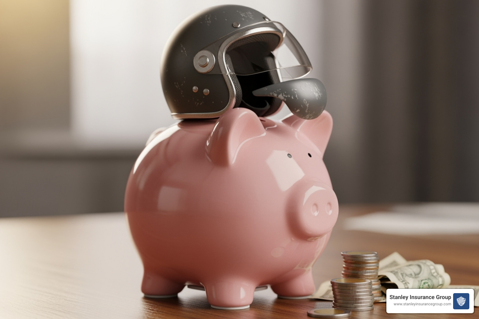 A piggy bank with a motorcycle helmet on it, symbolizing savings on motorcycle insurance - motorcycle insurance coverage explained A piggy bank with a motorcycle helmet on it, symbolizing savings on motorcycle insurance - motorcycle insurance coverage explained