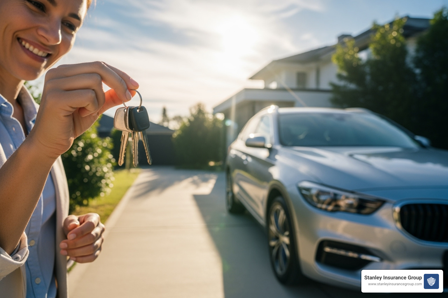 A person smiling, holding car keys, looking happily at their car, representing a fresh start with affordable insurance. - cheapest insurance for bad driving record