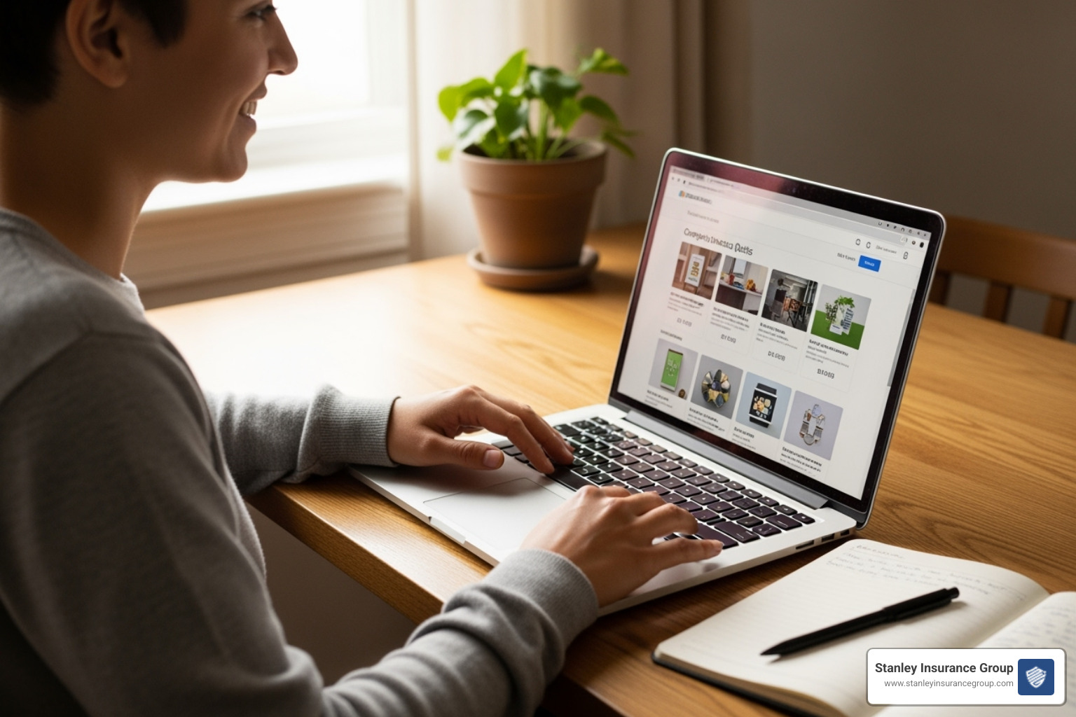 A person sitting at a desk, smiling, and comparing insurance quotes on a laptop, with a pen and notebook beside them. - cheapest insurance for bad driving record