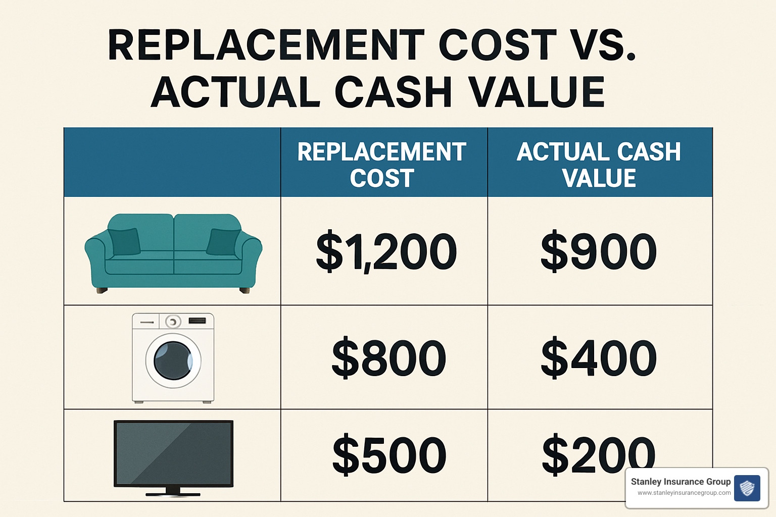 Comparison chart showing replacement cost versus actual cash value for common household items - Home insurance claims advice
