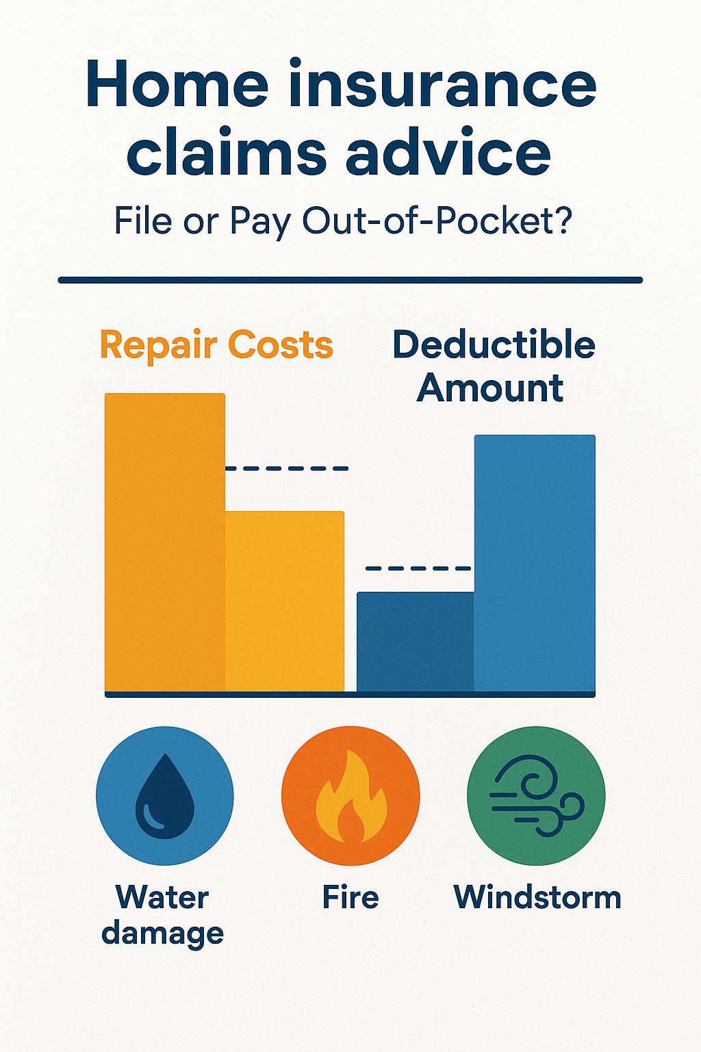 Comparison of repair costs versus deductible amounts for different claim scenarios - Home insurance claims advice infographic 