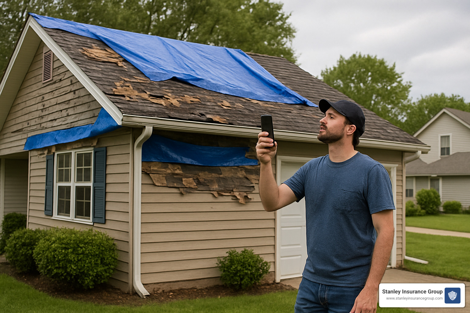 Homeowner inspecting roof damage with tarp covering damaged section - Home insurance claims advice