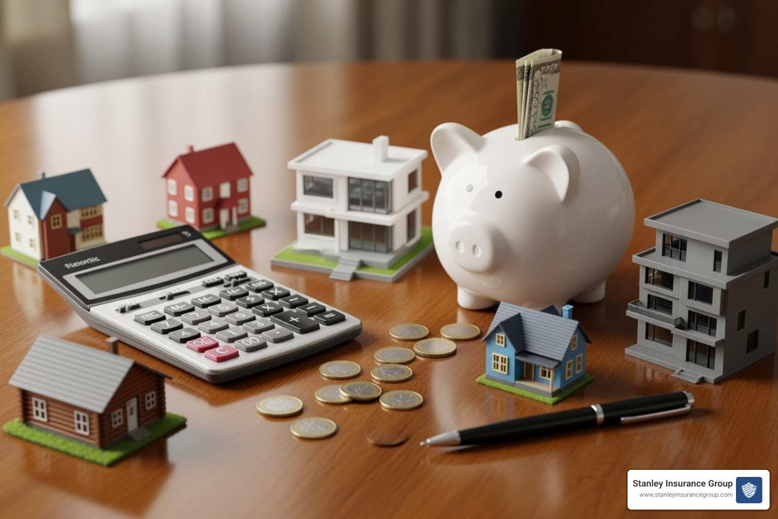 calculator and piggy bank with small house models - homeowners insurance for multiple properties