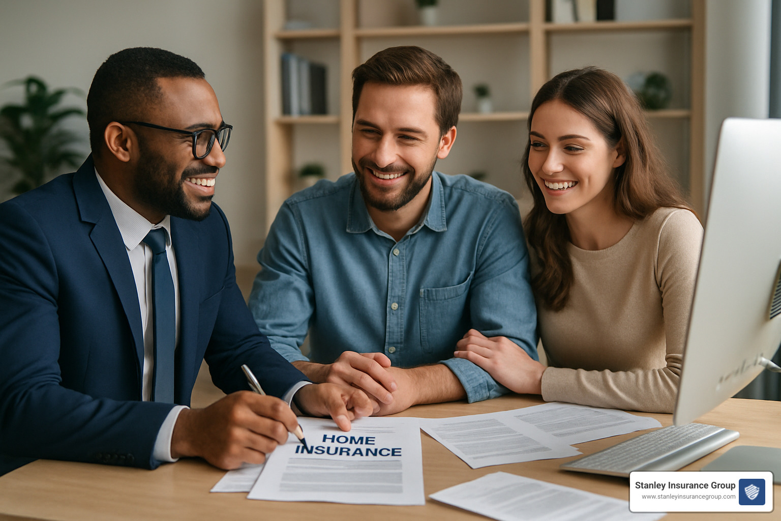 Insurance agent reviewing home insurance quotes with clients - average home insurance rates ohio