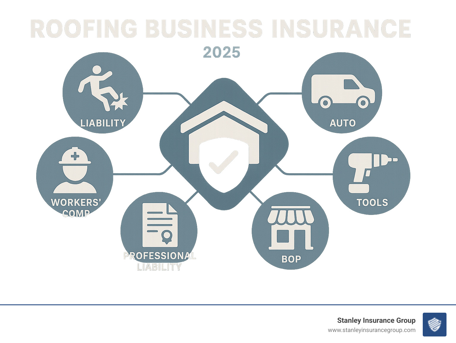 Infographic showing types of roofing business insurance coverage and main protection areas: liability, workers' comp, auto, tools, professional liability, BOP - roofing business insurance infographic 