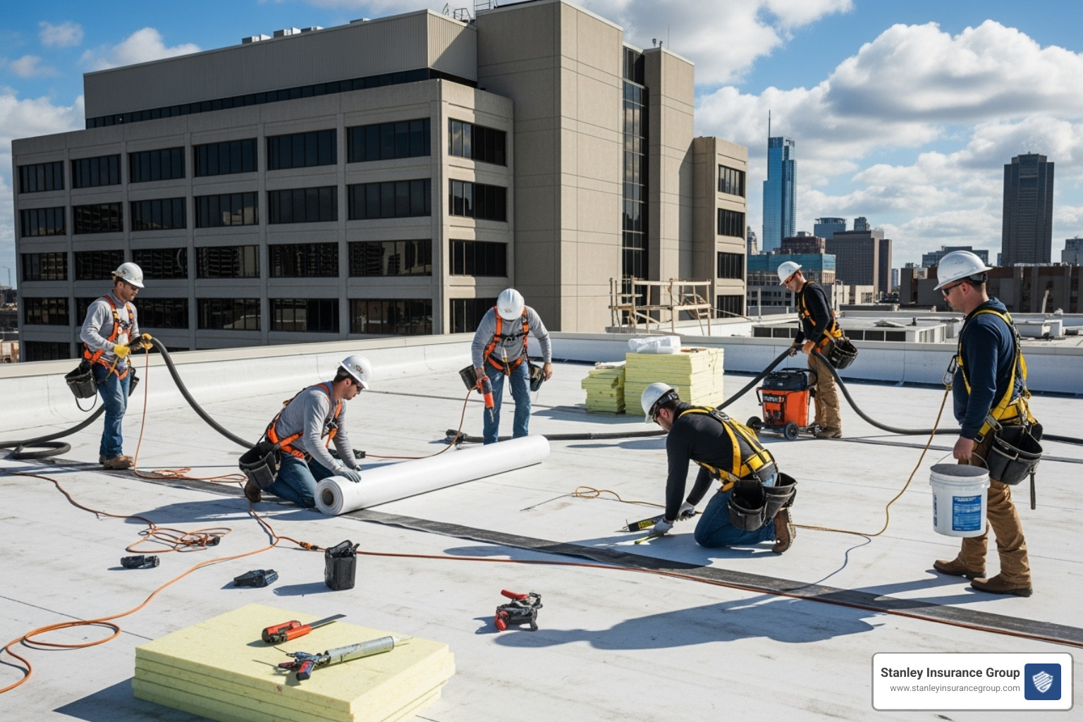 a team of professional roofers working on a commercial building - roofing insurance cost