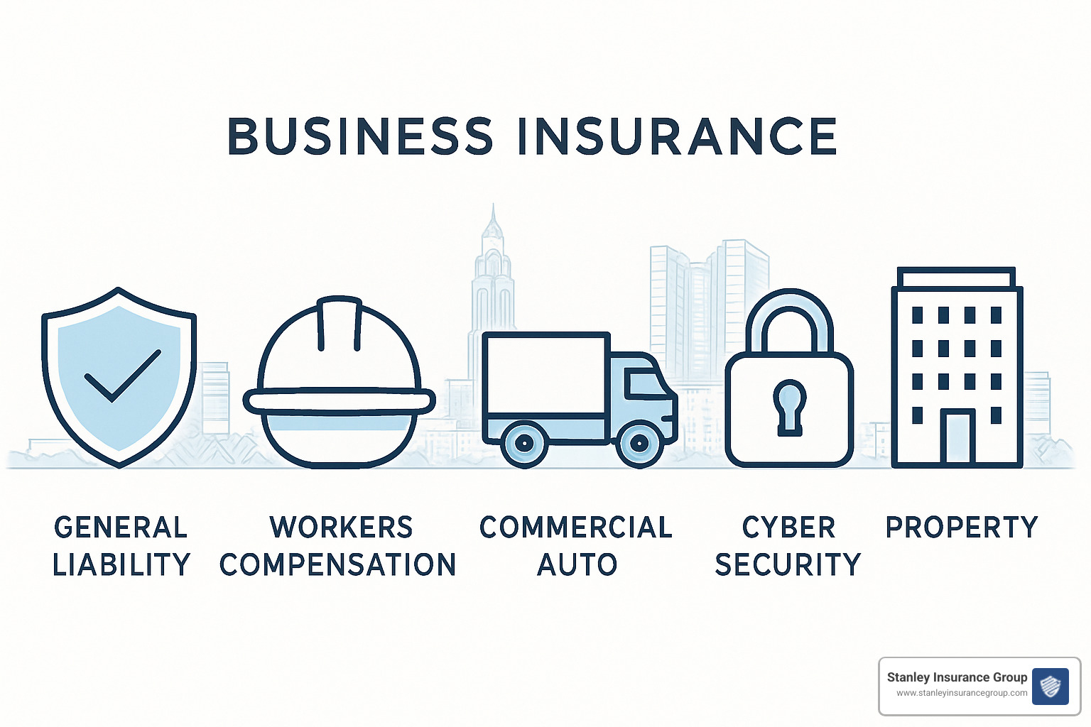Various business insurance policy icons including general liability shield, workers compensation hard hat, commercial auto vehicle, cyber security lock, and property coverage building - small business insurance columbus ohio