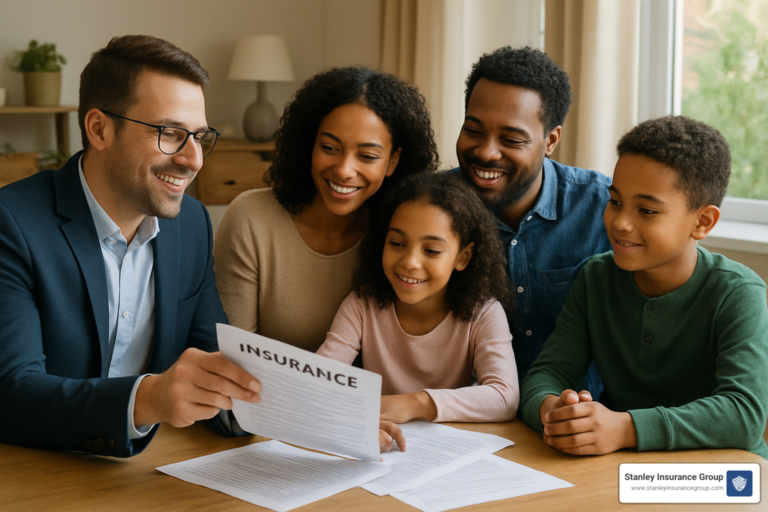 insurance agent reviewing policy with family - help with insurance premiums