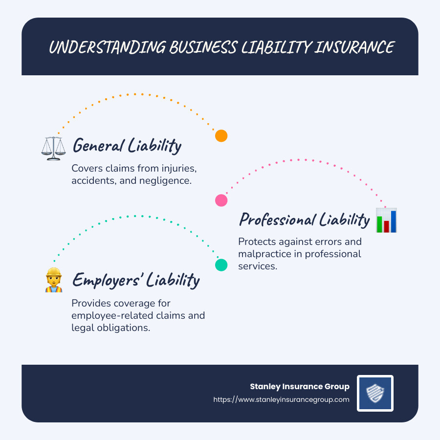 Infographic detailing types of business liability insurance and their benefits - business liability insurance infographic infographic-line-3-steps-blues-accent_colors