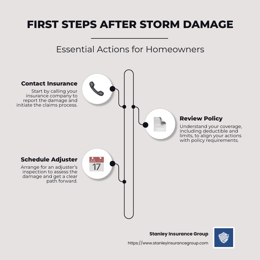 infographic detailing first steps post storm damage: call insurance, review policy, schedule adjuster, then hire roofer for repair post-inspection - do i contact insurance first or contact a roofing company infographic infographic-line-3-steps-neat_beige
