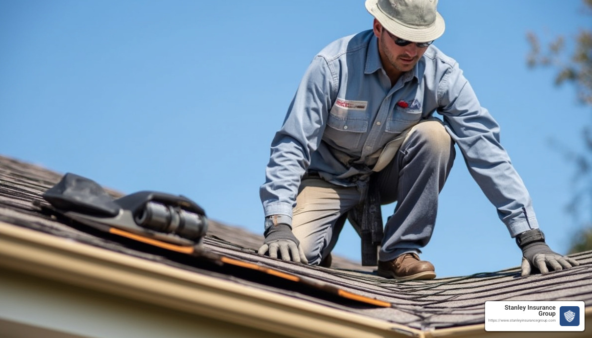 A roofing contractor assessing roof damage - do i contact insurance first or contact a roofing company