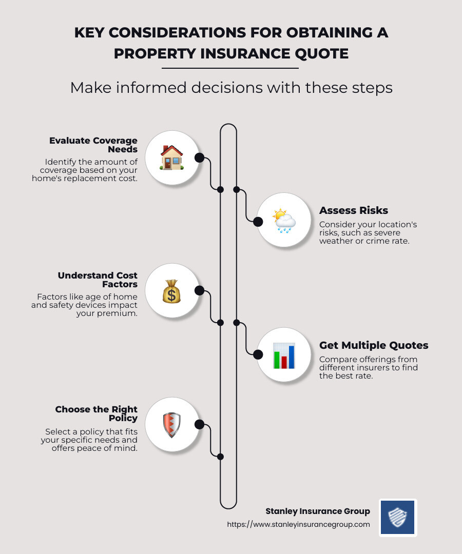 Infographic detailing key considerations for obtaining a property insurance quote, including evaluating coverage needs, assessing risks, understanding cost factors, and obtaining multiple quotes from insurers. - property insurance quote infographic infographic-line-5-steps-neat_beige