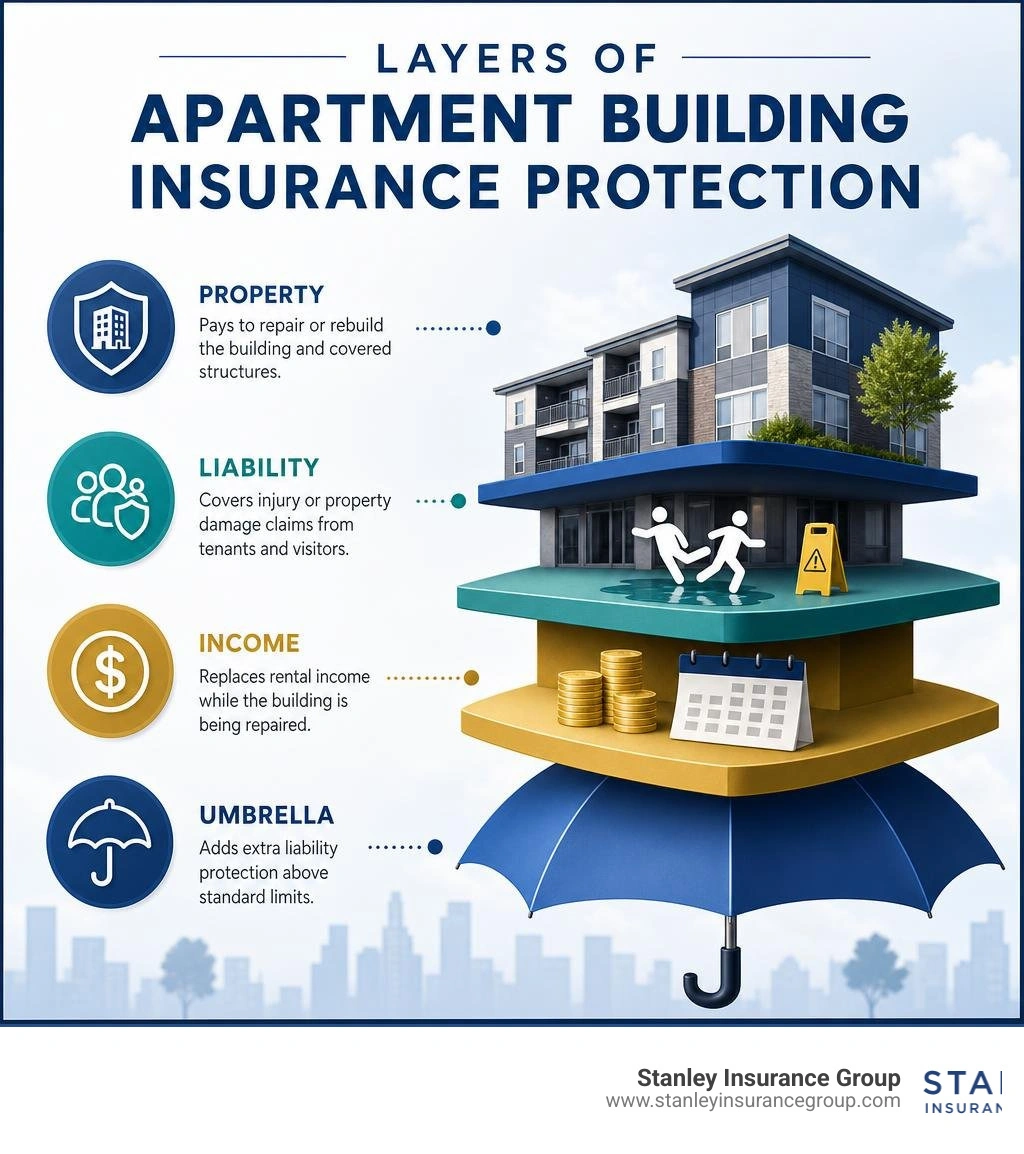 Layers of apartment building insurance protection: property, liability, income, umbrella infographic Layers of apartment building insurance protection: property, liability, income, umbrella infographic