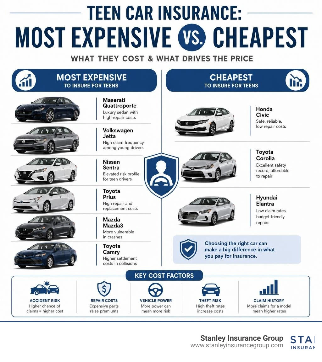 Infographic showing most expensive vs cheapest cars to insure for teen drivers with key cost factors infographic