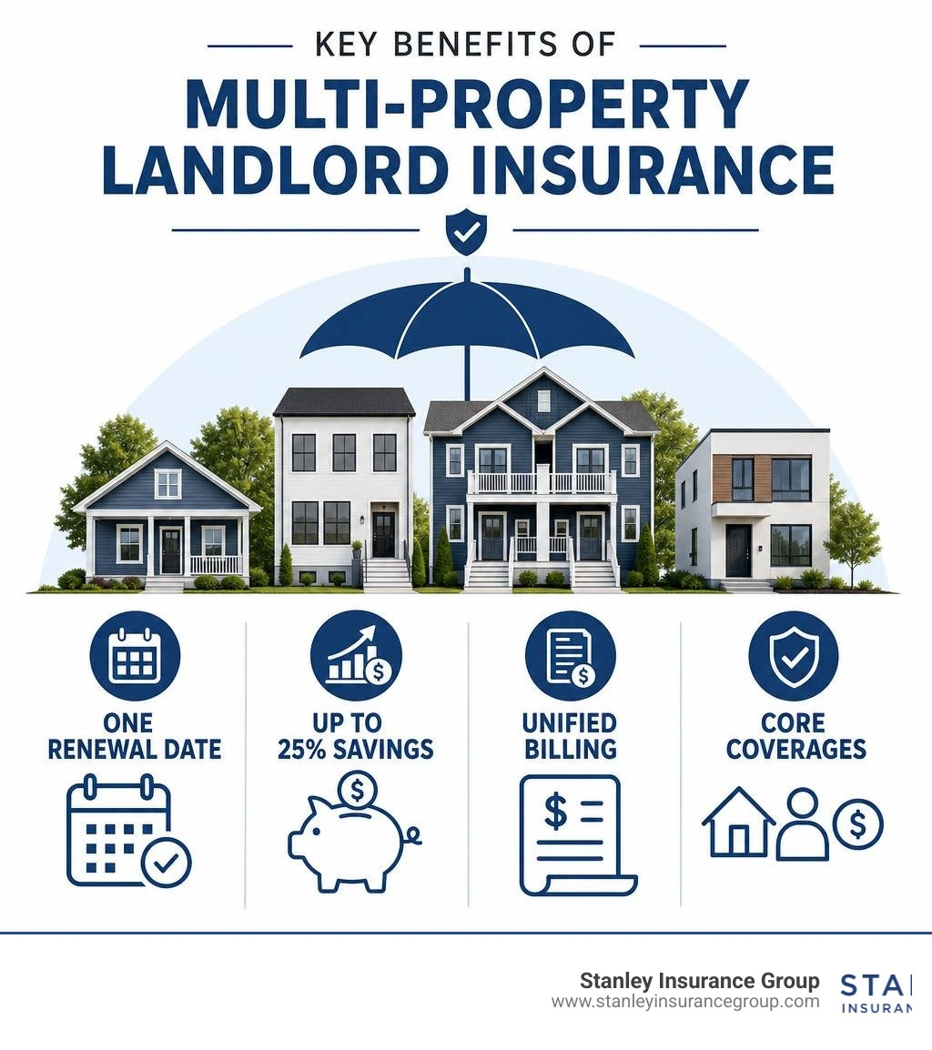 Infographic showing key benefits of multi-property landlord insurance: one renewal date, up to 25% savings, unified billing Infographic showing key benefits of multi-property landlord insurance: one renewal date, up to 25% savings, unified billing