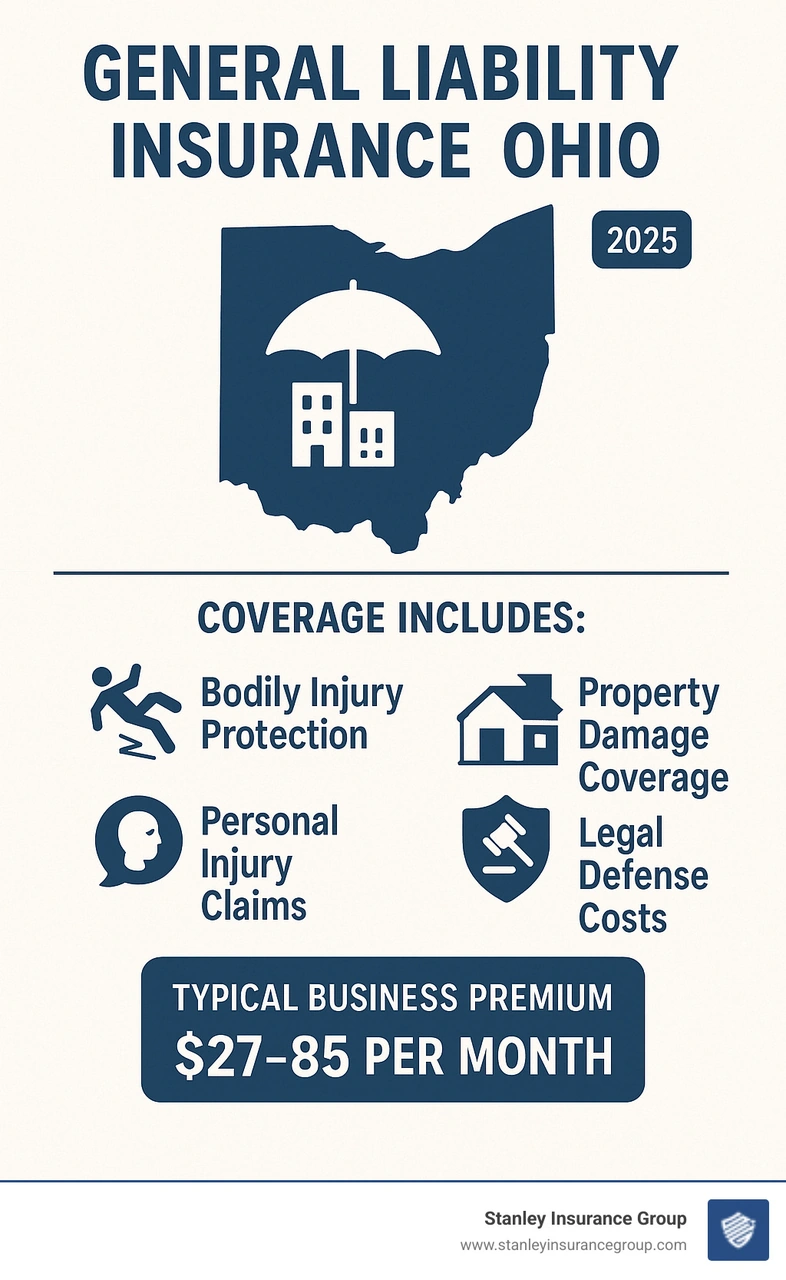 Infographic showing general liability insurance coverage components including bodily injury protection, property damage coverage, personal injury claims, legal defense costs, and typical Ohio business premium ranges from $27-85 monthly - general liability insurance Ohio infographic Infographic showing general liability insurance coverage components including bodily injury protection, property damage coverage, personal injury claims, legal defense costs, and typical Ohio business premium ranges from $27-85 monthly - general liability insurance Ohio infographic