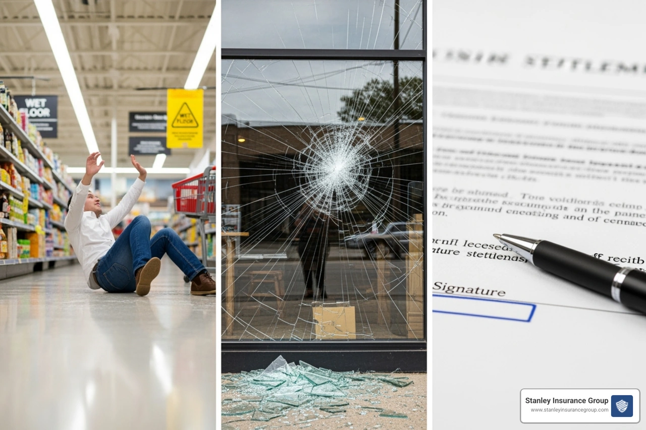 IMAGE of common business liability scenarios showing a person slipping, a broken window, and a legal document - general liability insurance Ohio IMAGE of common business liability scenarios showing a person slipping, a broken window, and a legal document - general liability insurance Ohio