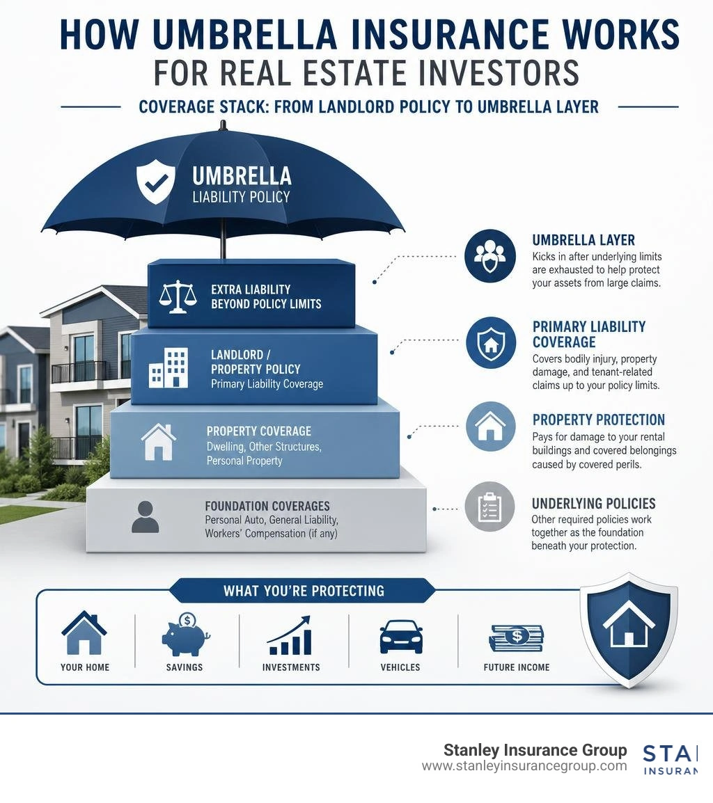 How umbrella insurance works for real estate investors: coverage stack from landlord policy to umbrella layer infographic How umbrella insurance works for real estate investors: coverage stack from landlord policy to umbrella layer infographic