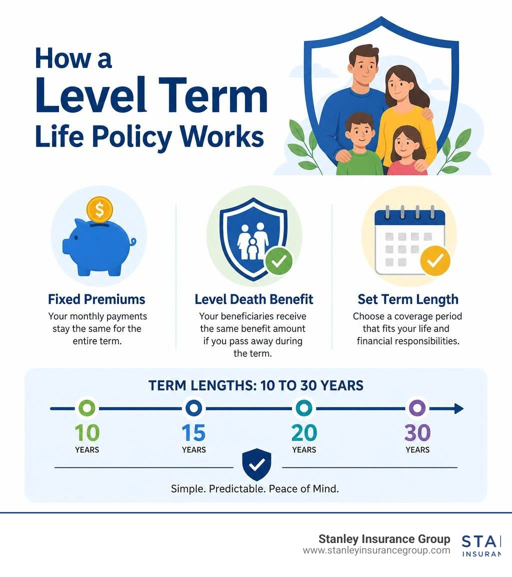 Infographic showing how a level term life policy works: fixed premiums, level death benefit, and term lengths from 10 to 30 Infographic showing how a level term life policy works: fixed premiums, level death benefit, and term lengths from 10 to 30