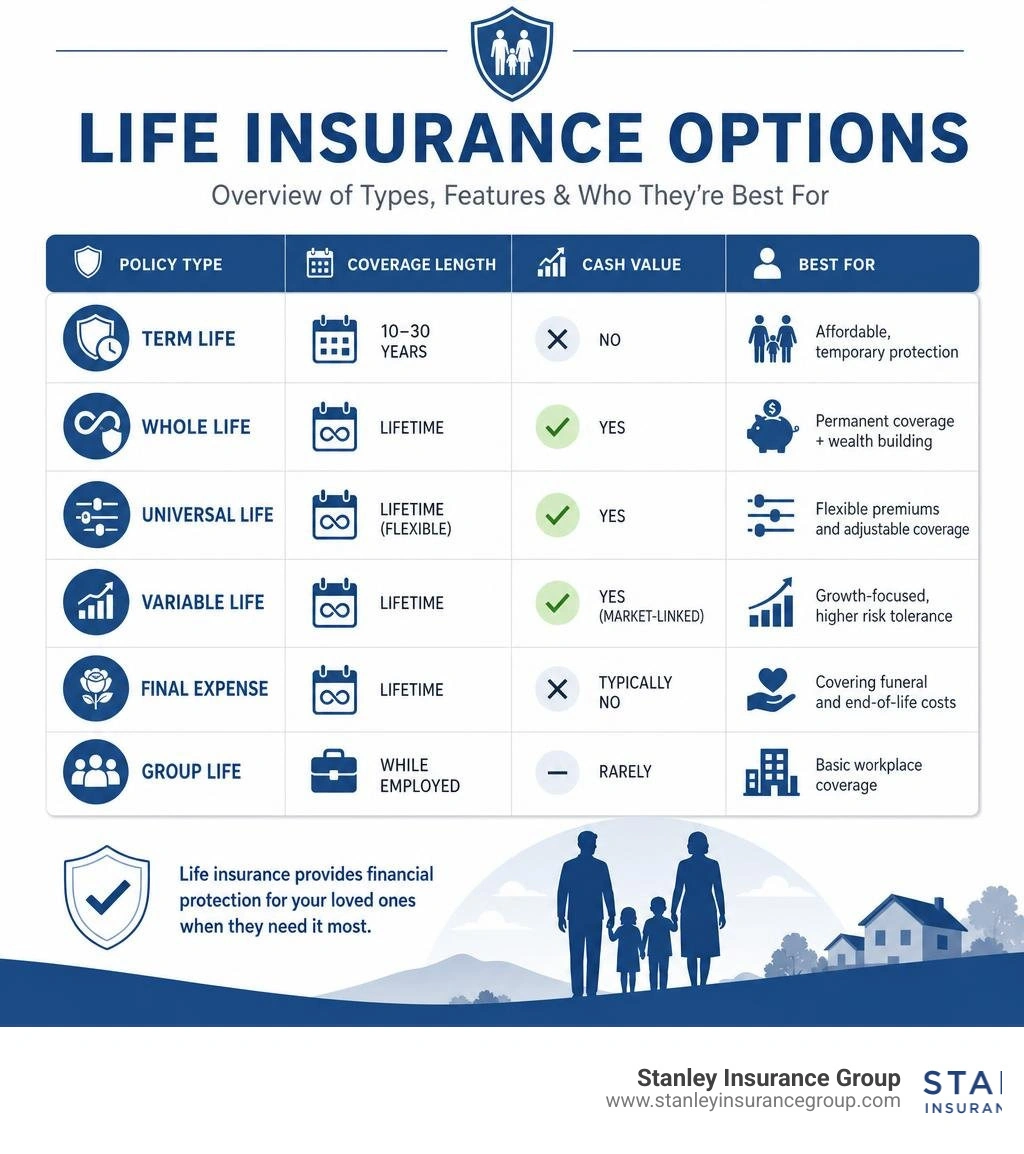 Overview infographic of life insurance types, features, and who they are best for infographic