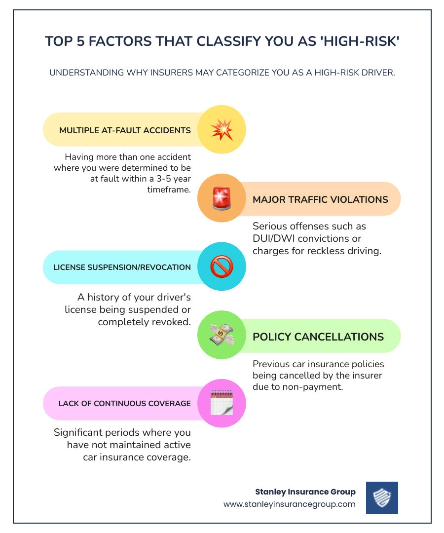 Infographic showing the top 5 factors that classify drivers as high-risk: multiple at-fault accidents within 3-5 years, major traffic violations like DUI or reckless driving, license suspensions or revocations, policy cancellations for non-payment, and lack of continuous coverage history - car insurance companies for high risk drivers infographic infographic-line-5-steps-colors