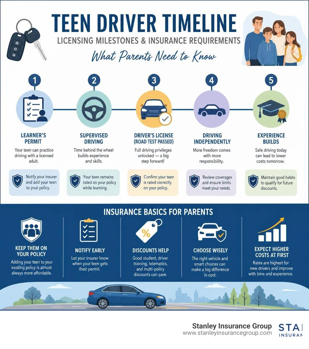 Timeline of teen driver licensing milestones and insurance requirements for parents infographic Timeline of teen driver licensing milestones and insurance requirements for parents infographic
