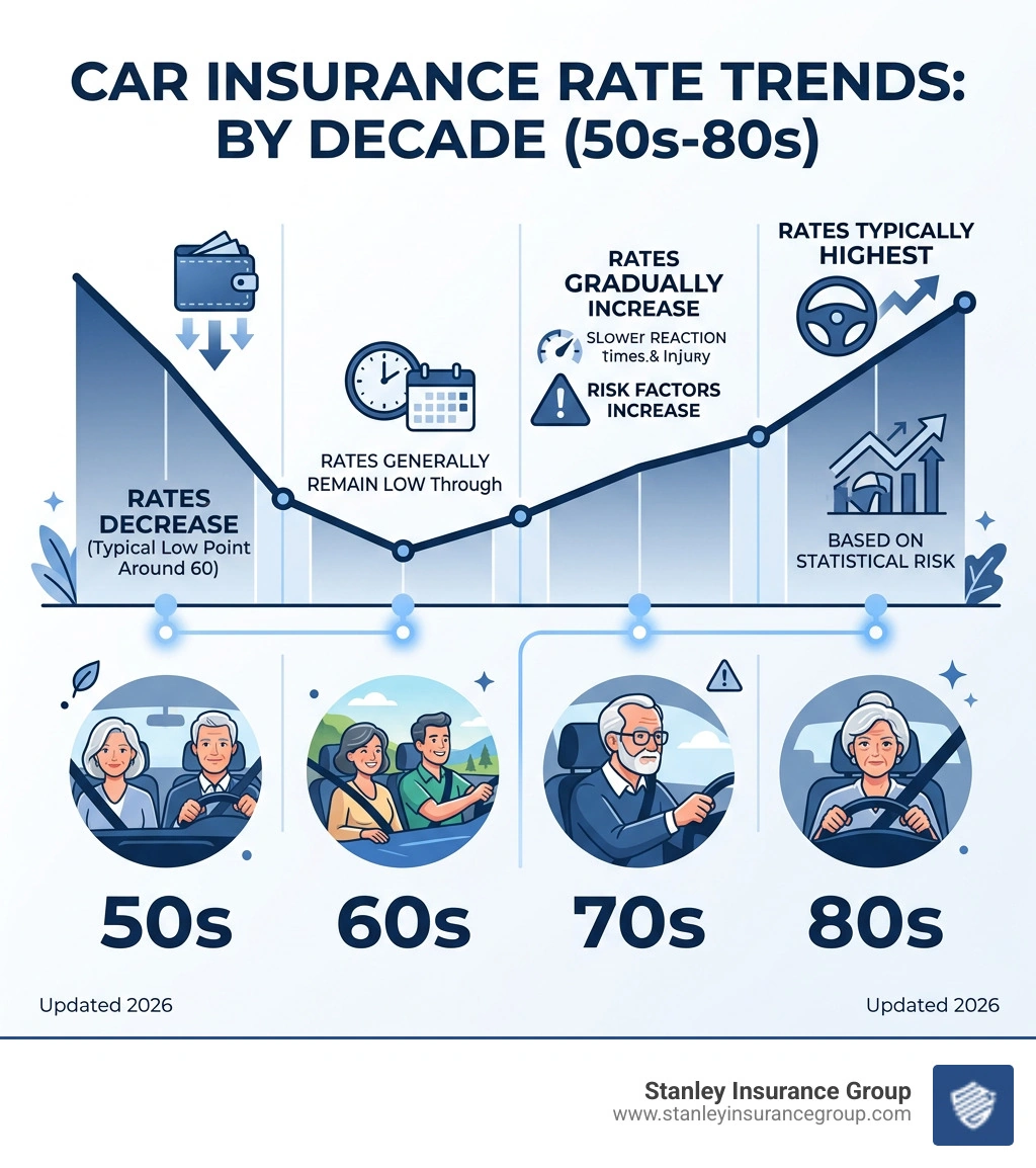Infographic showing how car insurance rates change by age decade from 50s through 80s - car insurance for senior citizens Infographic showing how car insurance rates change by age decade from 50s through 80s - car insurance for senior citizens