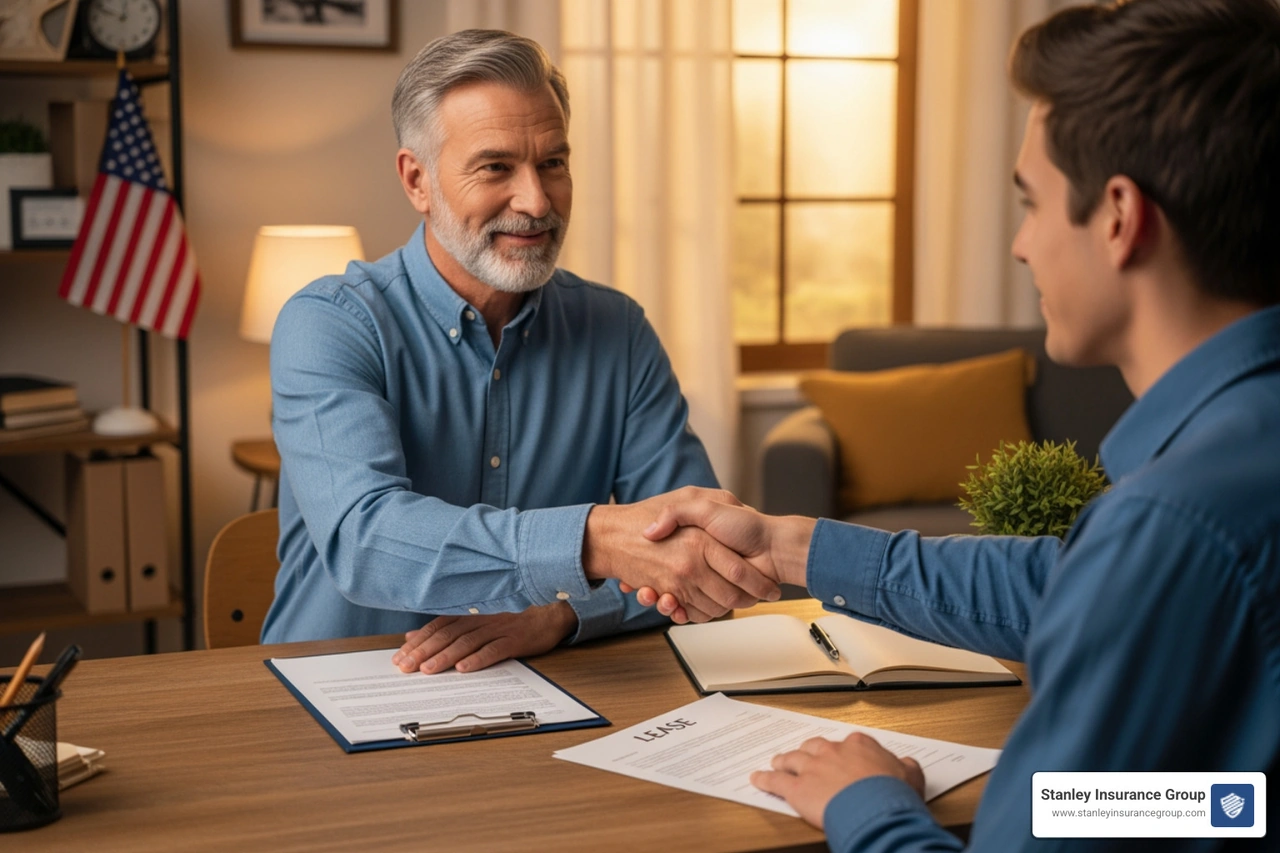 Landlord sitting at a desk signing a formal lease agreement with a tenant - long term rental insurance Landlord sitting at a desk signing a formal lease agreement with a tenant - long term rental insurance