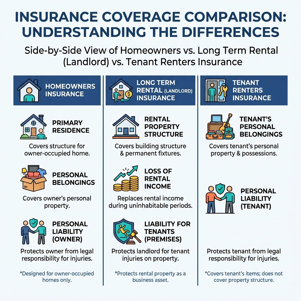 Infographic showing side-by-side comparison of homeowners insurance vs. long term rental insurance: homeowners covers primary residence, personal belongings, and personal liability for the owner; landlord insurance covers rental property structure, loss of rental income, and liability for tenants on the premises; tenant renters insurance covers tenant's personal belongings and personal liability; key differences highlighted in three columns with icons for each coverage type - long term rental insurance infographic Infographic showing side-by-side comparison of homeowners insurance vs. long term rental insurance: homeowners covers primary residence, personal belongings, and personal liability for the owner; landlord insurance covers rental property structure, loss of rental income, and liability for tenants on the premises; tenant renters insurance covers tenant's personal belongings and personal liability; key differences highlighted in three columns with icons for each coverage type - long term rental insurance infographic