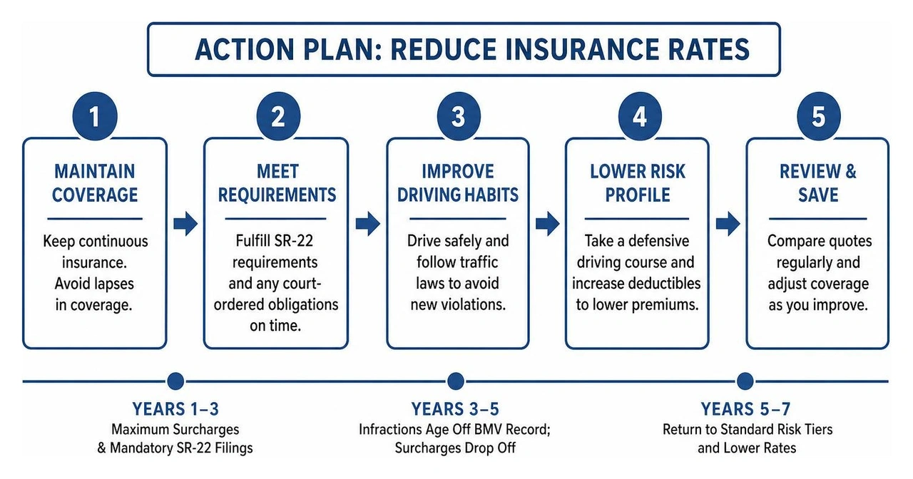 Action plan timeline showing step-by-step process to reduce insurance rates Action plan timeline showing step-by-step process to reduce insurance rates